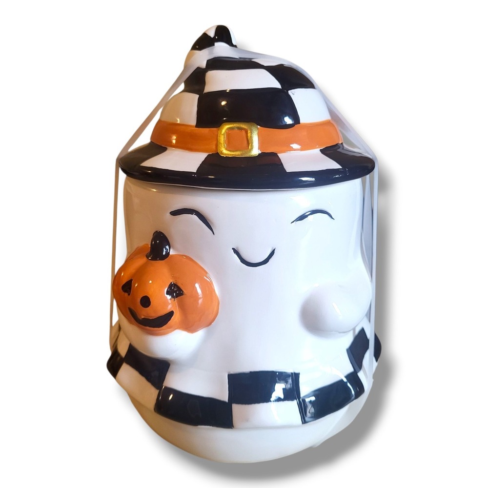 Jack O Lantern Lane Halloween Ghost Cookie Jar Pumpkin Checkerboard Ceramic NEW
